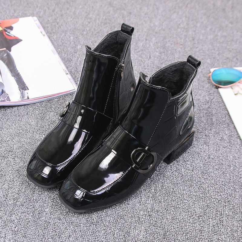 Ankle Boots Women Shoes Plus Velvet Low-heeled Pu Leather Pointed Thick