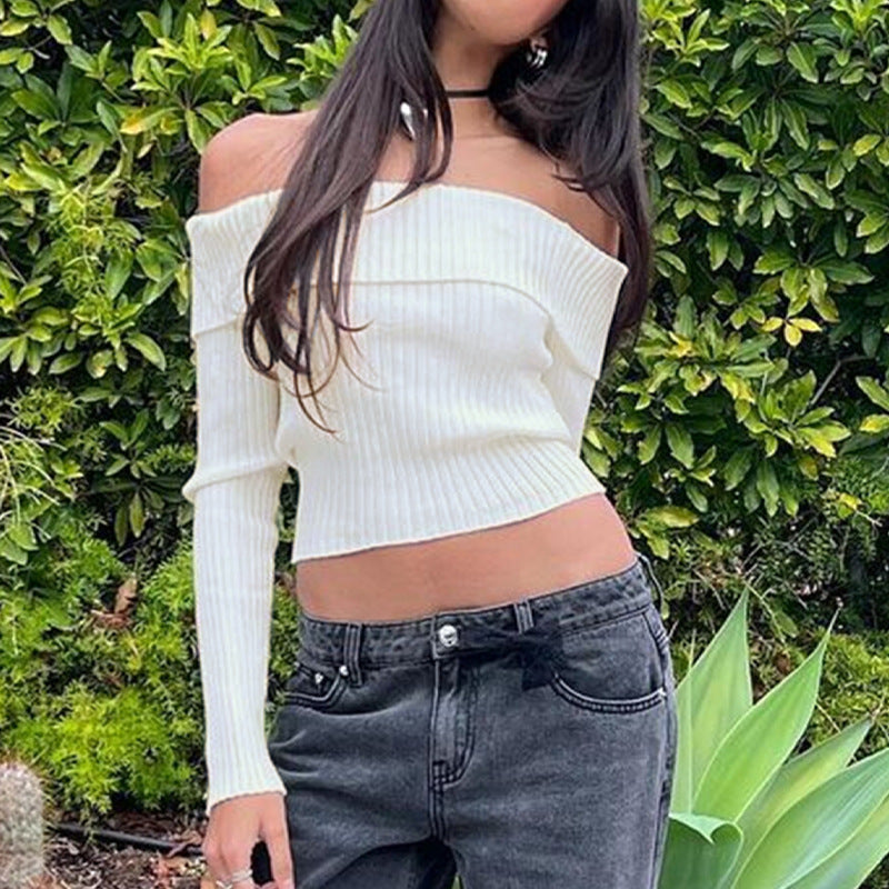 European And American Fashion Short Knitwear Long Sleeve Off-the-shoulder Off-the-neck Pullover Sweater