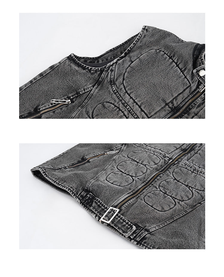 Dorsal Spine Wings Embroidery Short Denim Vest Coat