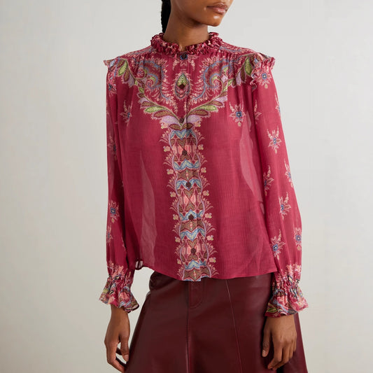 Retro-printed Chiffon Long-sleeve Shirt And Ruffled Maxi Skirt Two-piece Set