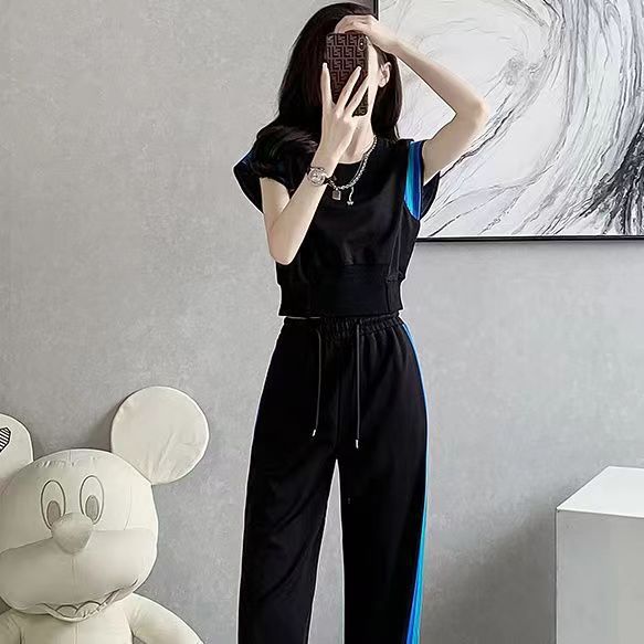 Women's Summer High-End Contrasting Color Short-Sleeve Top And High-Waist Wide-Leg Pants Two-Piece Set