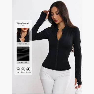 Women's Stand Collar Zipper Cardigan Breathable Tight Long Sleeve Top