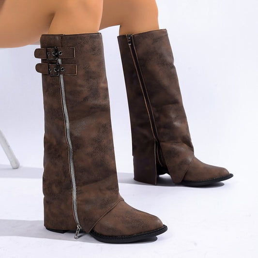 Pointed-toe Vintage Leather-buckle High-heeled Boots For Women