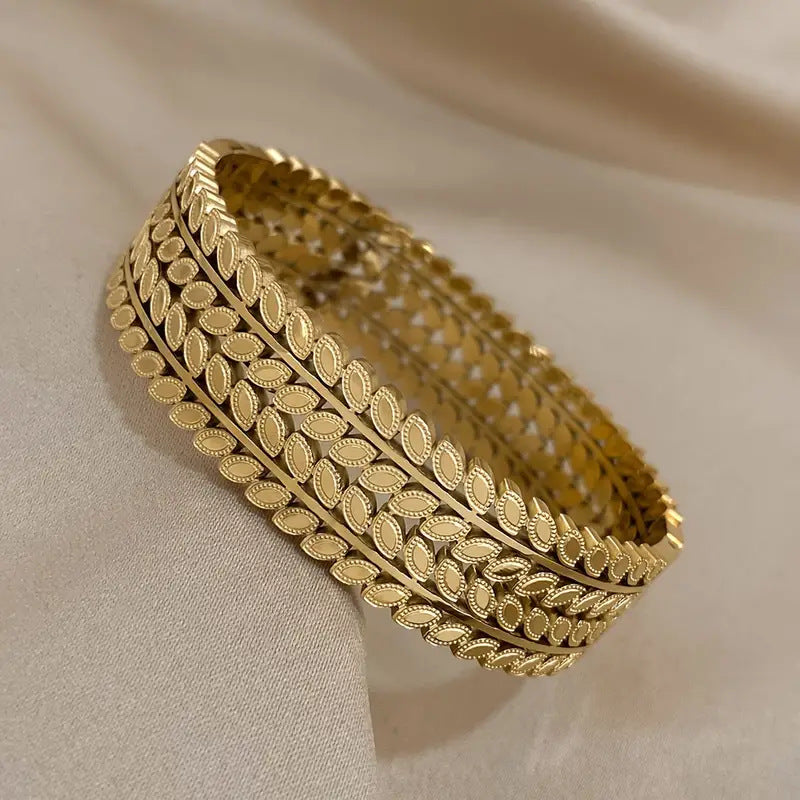 Bohemian-style Unique Wide-opening Stainless Steel Bracelet With Leaf Design