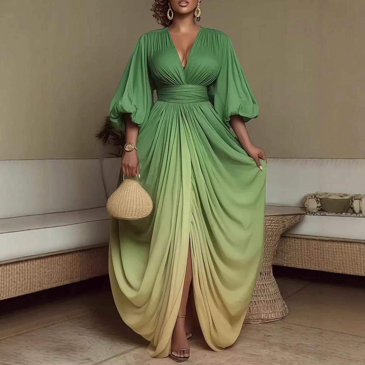 V-neck Stylish Elegant Printed Pleated Loose-fit Figure-flattering Dress