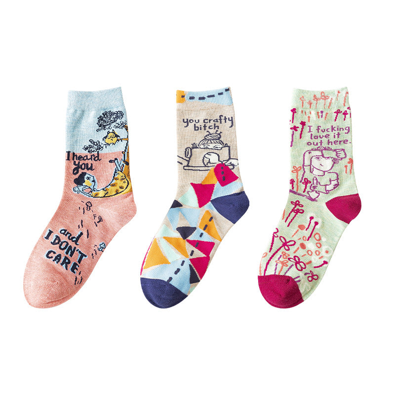 Personality Contrast Color Graffiti Women's Tube Socks Street Style Fashion Cotton Socks