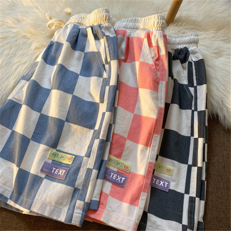 Contrasting Plaid Sports Shorts Loose Wide-leg Trendy Wild Straight Five-point Pants