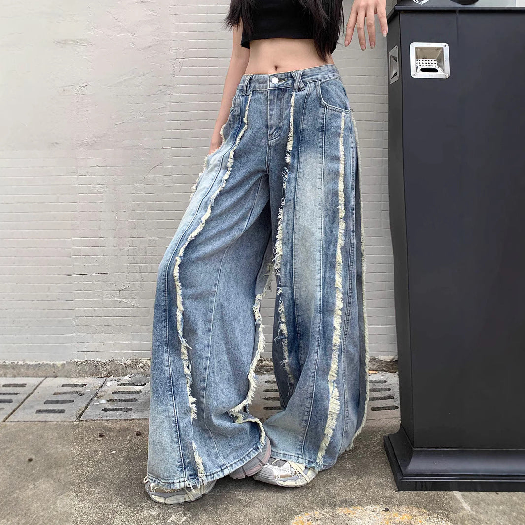 Retro High Waist Slimming Raw Edges Design Stitching Jeans
