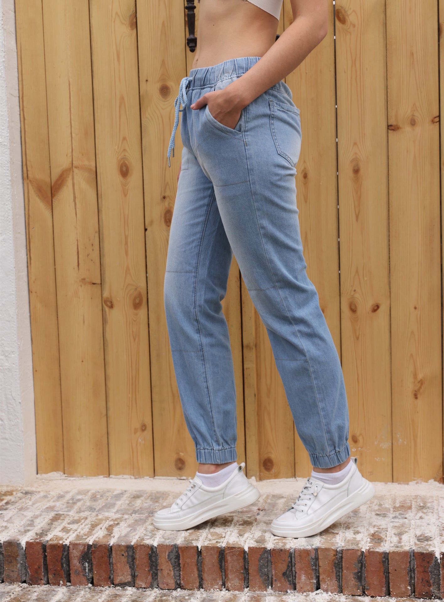 Casual Lyseblå Jeans med Elastisk Talje og Bindebånd