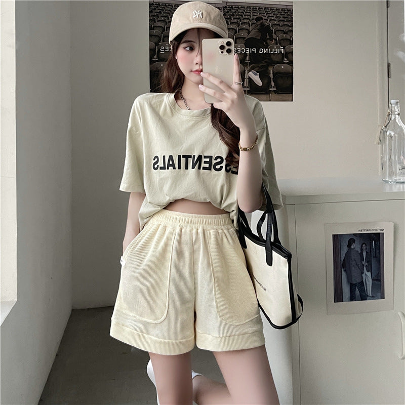 Summer Loose Waffle Casual Wide Leg Pocket