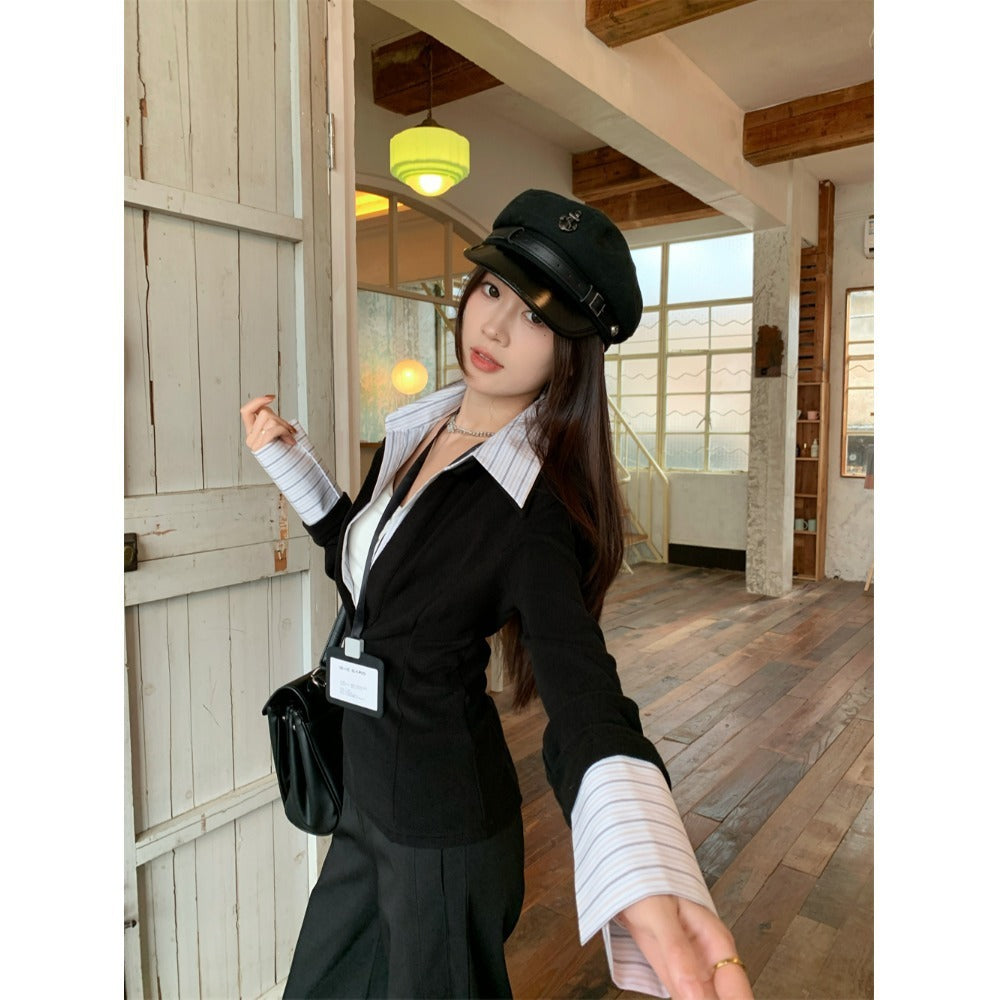 False Two-piece Patchwork Lapel Knitwear Female Winter Coat