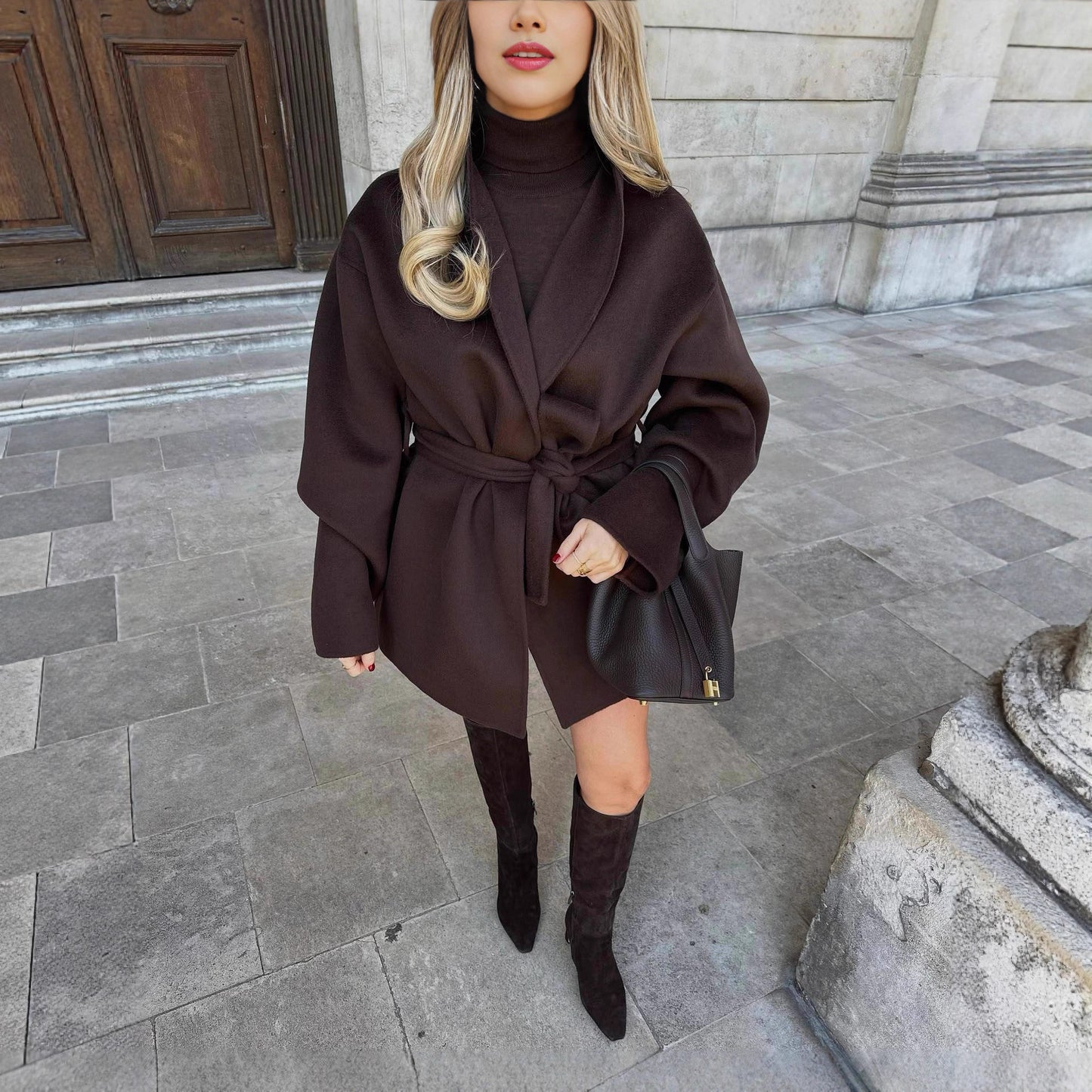 Temperament Wild Waist-controlled Lace-up Short Woolen Coat