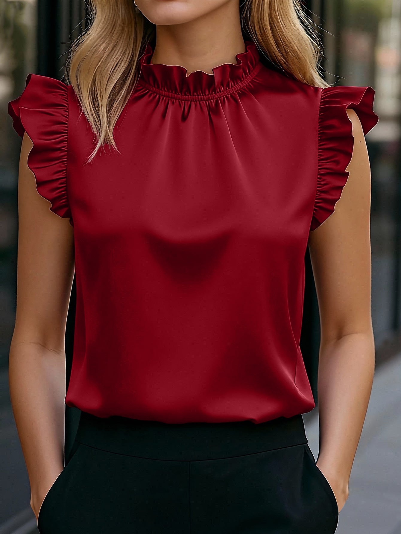 Versatile Commuter Shirt With Bishop Sleeves And A Ruffled Stand Collar