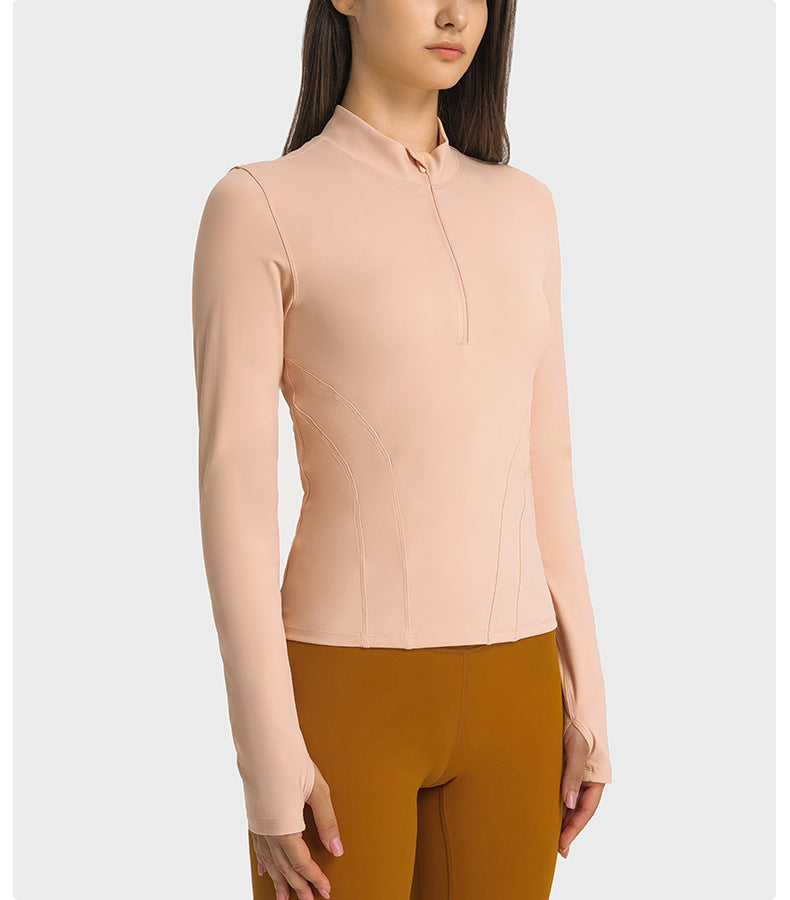 Double-sided Nylon Half Zipped Stand Collar Yoga Jacket Women's Stretch Tight-fitting Cinched Slimming Sports Jacket