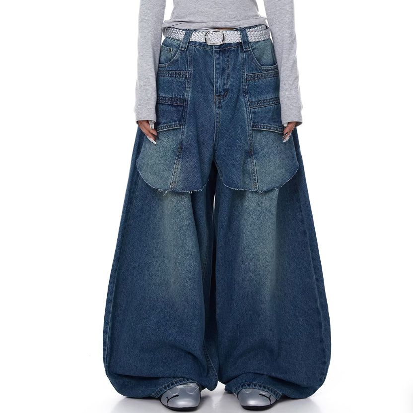 Womens American-style Deconstructed Faux Two-piece Patchwork Washed Bootcut Jeans