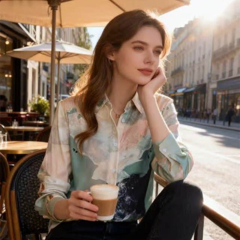 Womens Retro Printed Long Sleeve Lapel Shirt With Floral Print