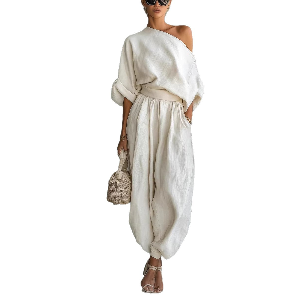 Ensfarvet elegant off-shoulder top og løse bukser todelt sæt til kvinder