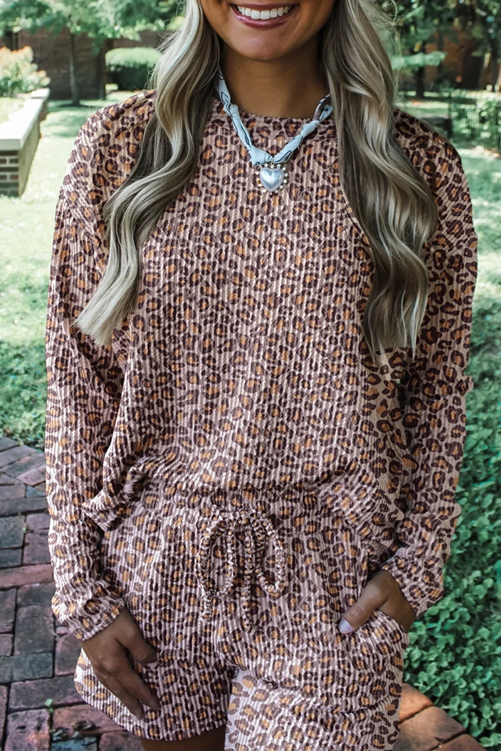 Women's Fashion Pullover Rib Long Sleeve Shorts Suit