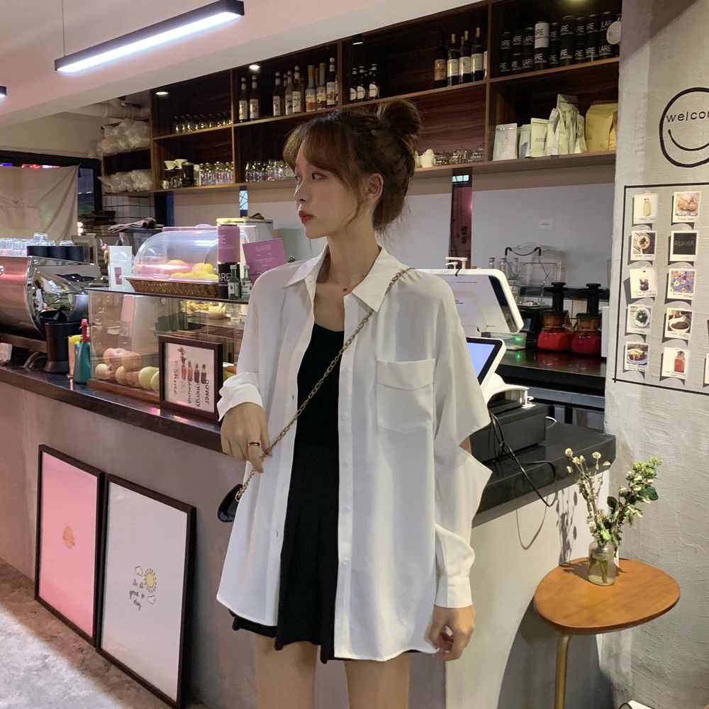 Women's Versatile Loose Hollow White Shirt