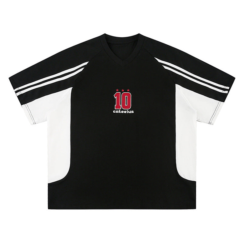 American Retro Mixed Color Stripe Sports Embroidery Short Sleeve