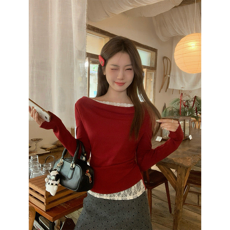 Womens Casual Red Angled Lace-Panel Top