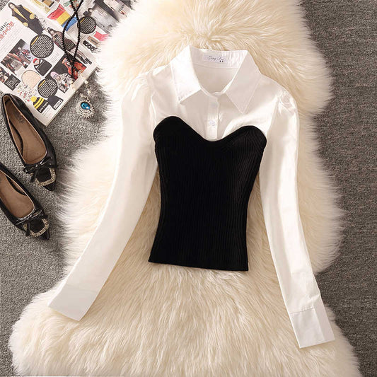 Women's Black And White Contrast Color Knitted Stitching Fake Two Pieces Shirts