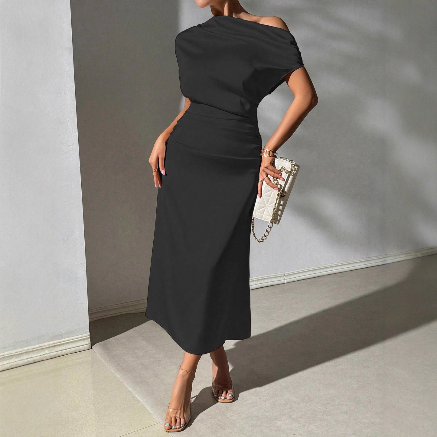 Womens Stylish Casual Off-shoulder Pleated Dress