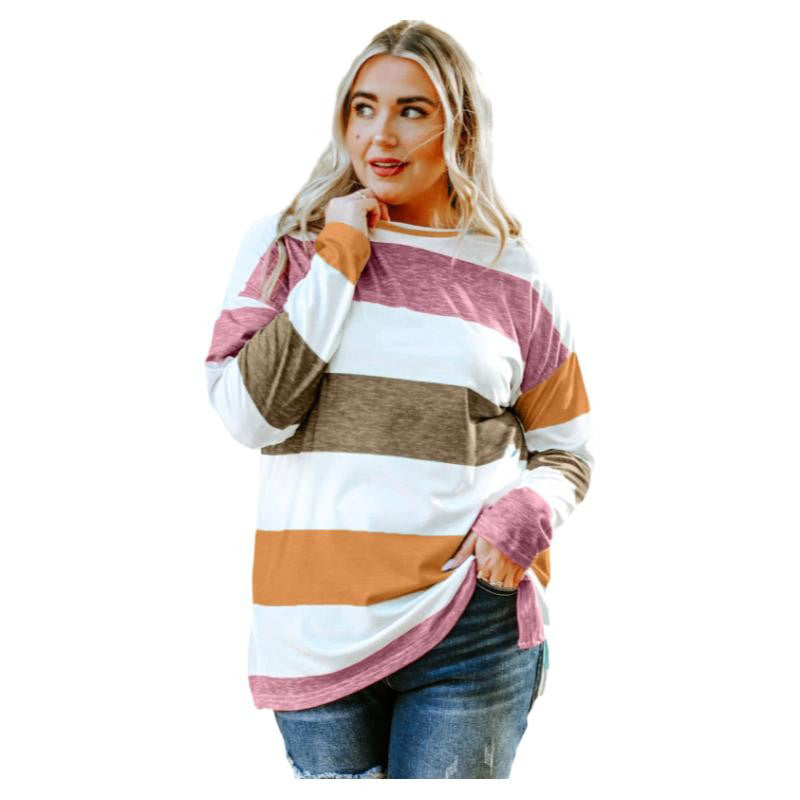 Green Plus Size Color Block Loose Long Sleeve Top