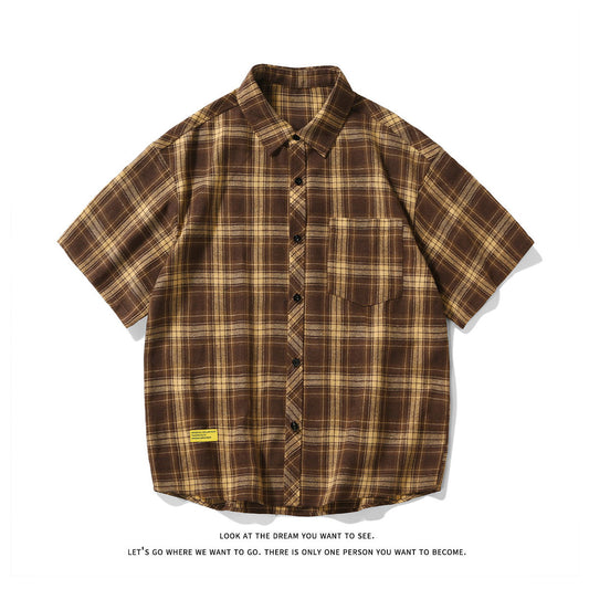 Men's Short-sleeved Plaid Shirt Retro Plus Size Casual Shirt