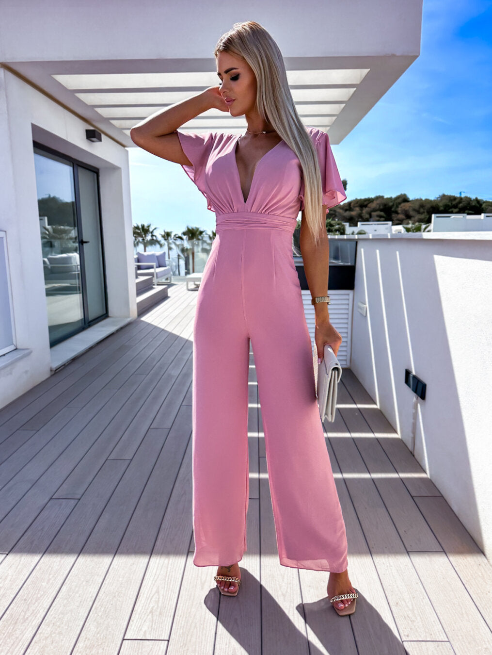 Women's One-piece Deep V High Waist Wide Leg Trousers