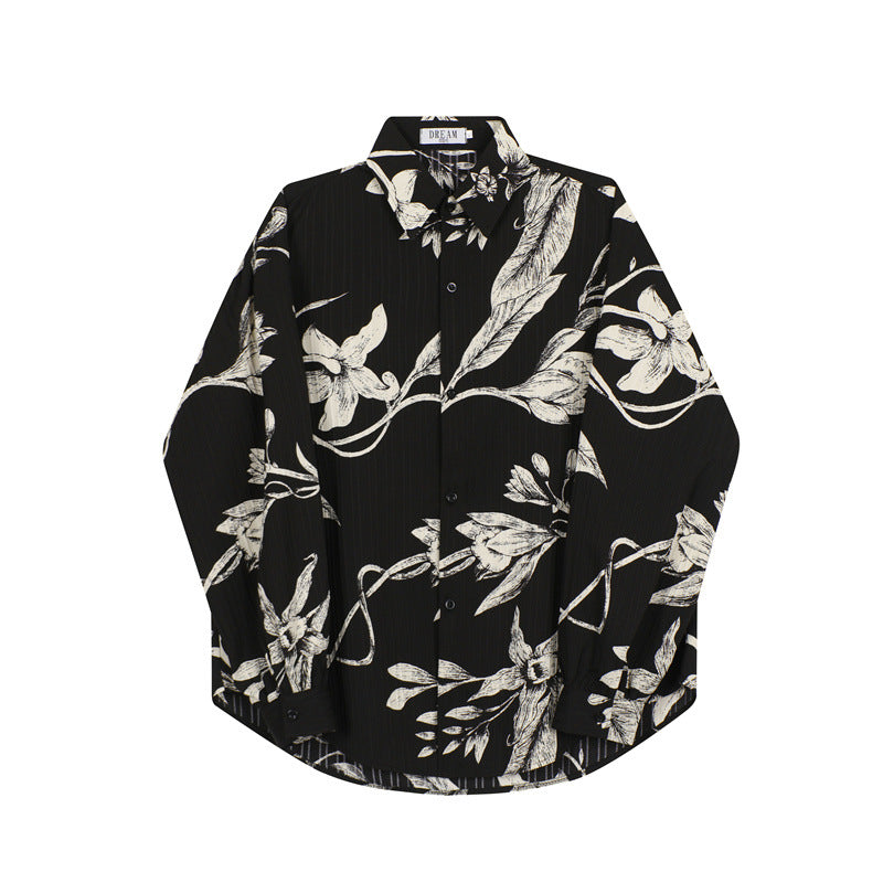 Black Shirt Men's Long Sleeved Loose And Lazy Floral Fragments
