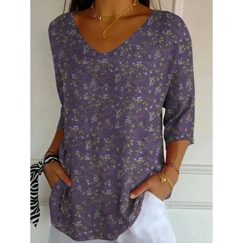 New 3D Printed Women's European And American Fashion Floral V-neck Shirt Top