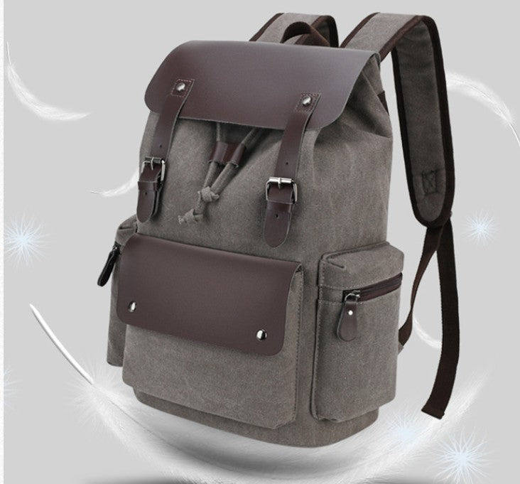 Casual Canvas Backpack Men's Business Laptop Bag With Buckle Drawstring Design