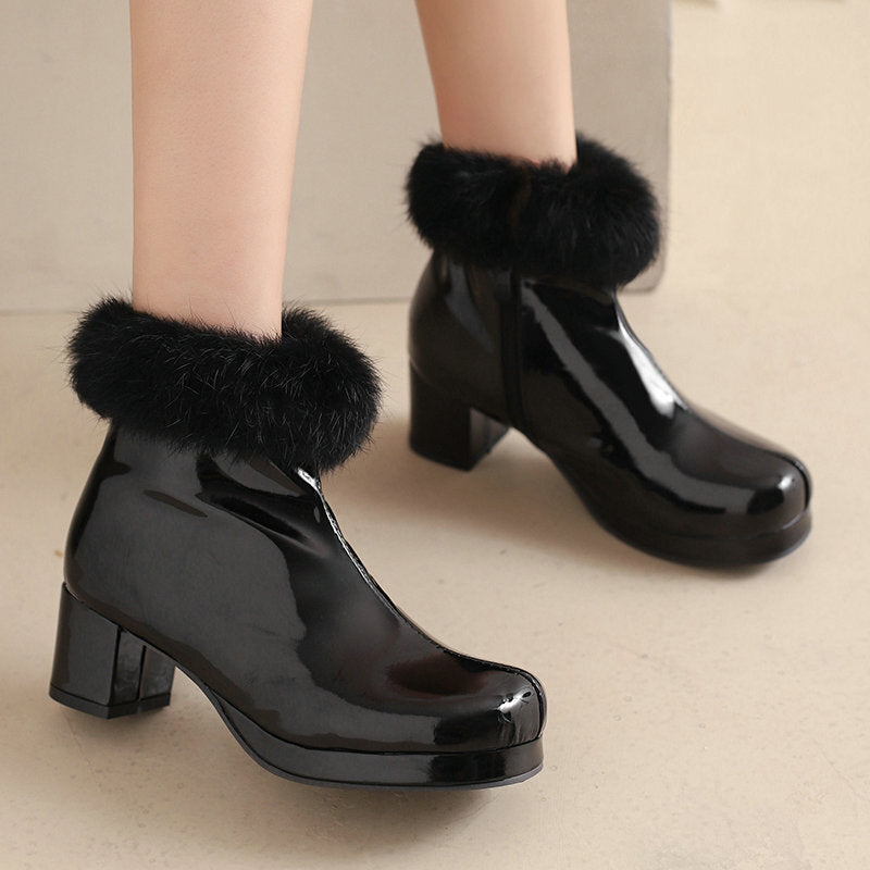 Womens Short Boots For Fall Winter Patent Leather Chunky Heel