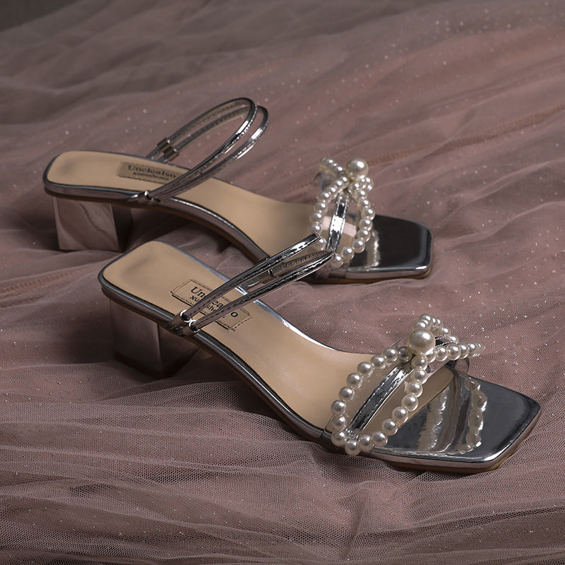 Women's New Bow Pearl Chunky Heel Sandals