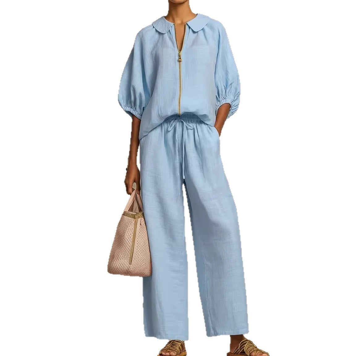 Solid-color Casual Loose-fitting Zip-up Sweatshirt And Straight-leg Pants Set