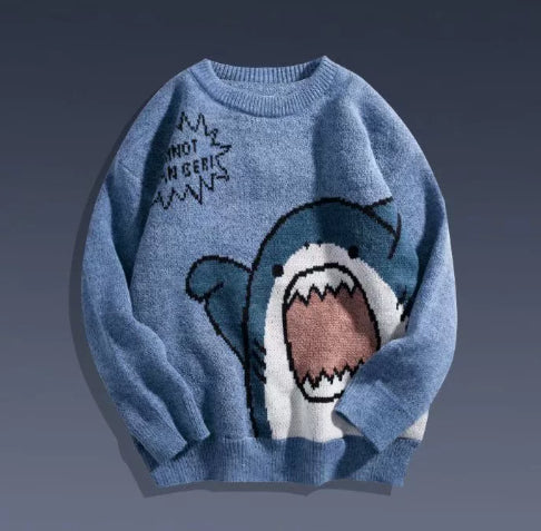 Spot Male Youth Loose Casual Cartoon Shark Knitted Bottoming Shirt Sweater