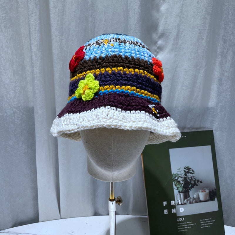 Design Retro Hand-woven Color-block Flower Bucket Hat