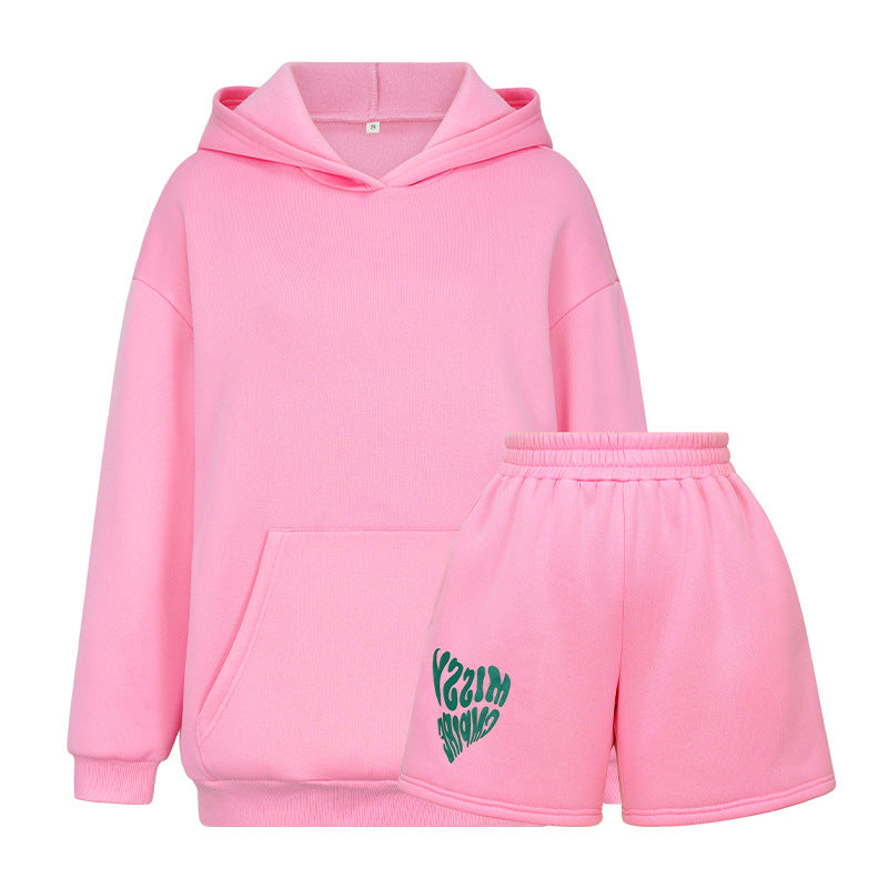 Long Sleeve Hooded Sweatshirt Shorts Two-Piece Set Women's