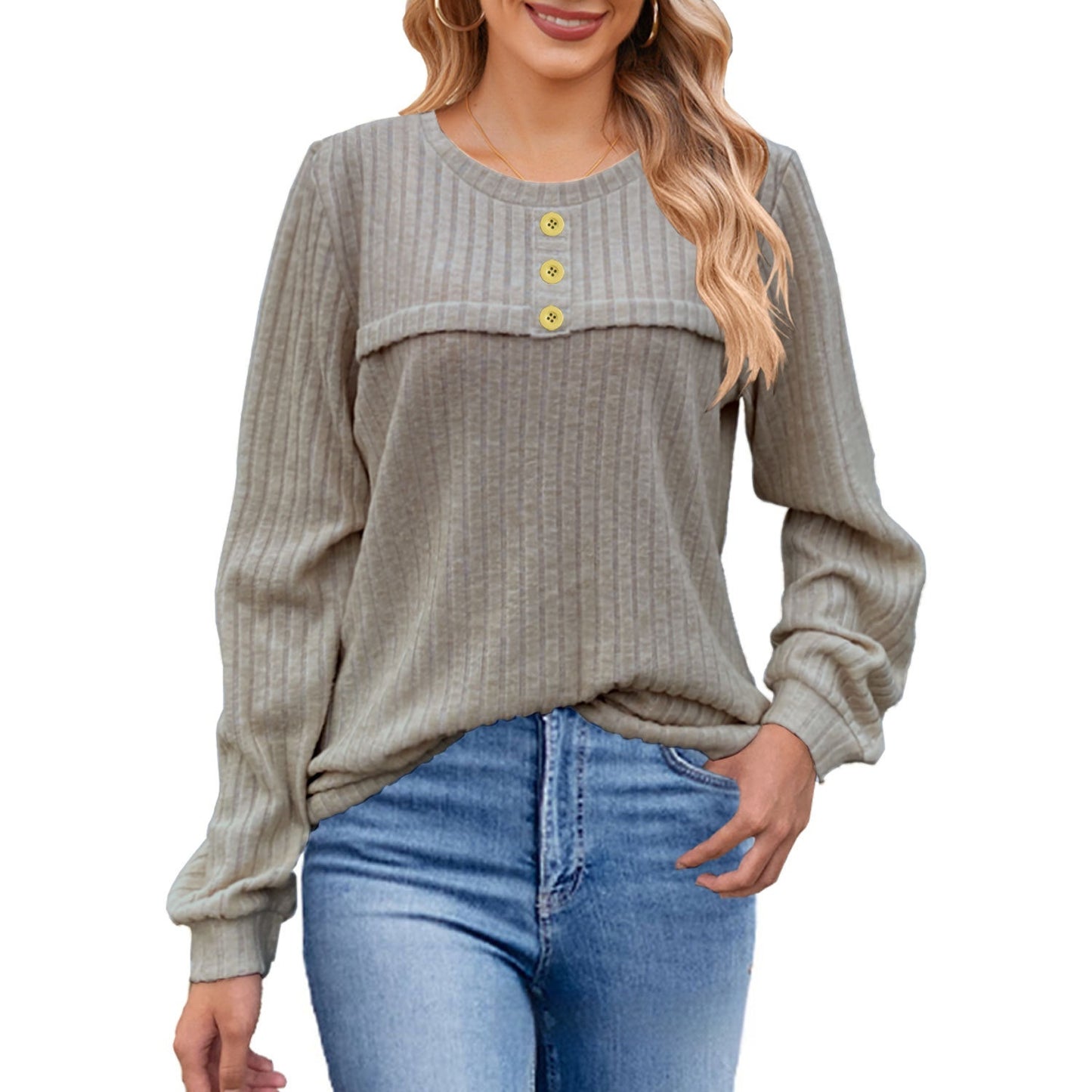European And American Autumn And Winter Brushed Sunken Stripe Button Long-sleeved T-shirt Casual
