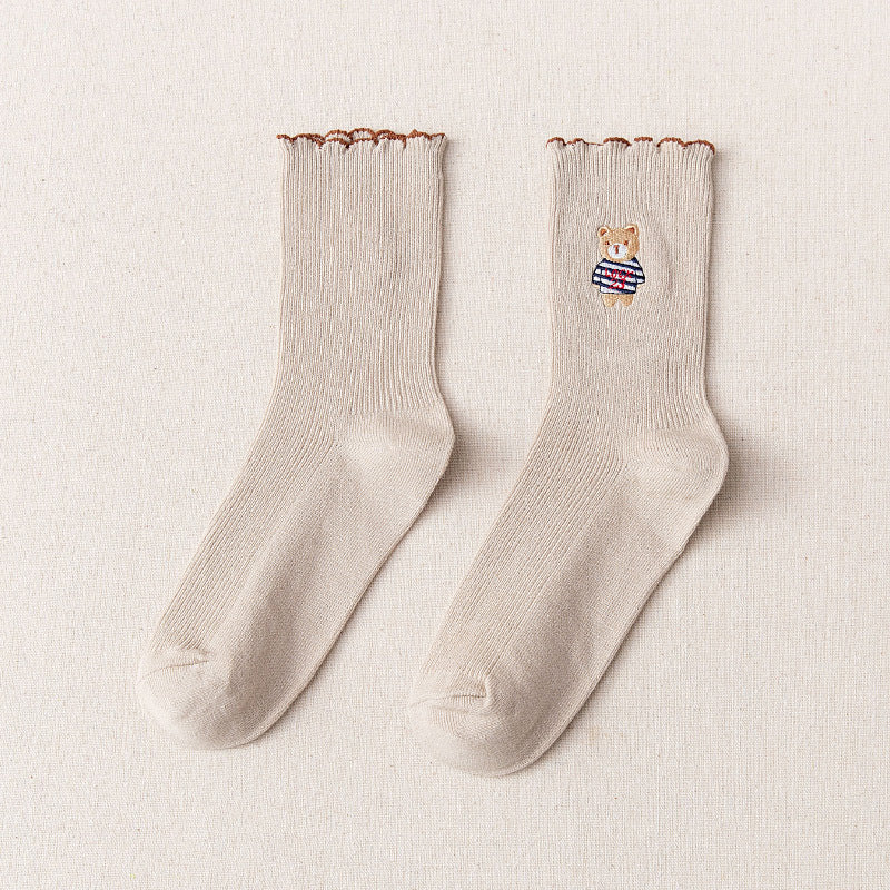 Women's Bear Embroidered Fungus Lace Mid Tube Socks