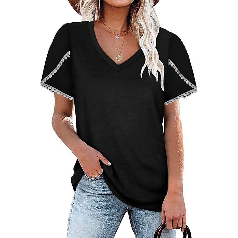 V-neck Lace Short-sleeved Shirt Loose Color Cotton Petal-sleeved T-shirt