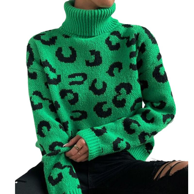 Fallwinter High-neck Pullover Knitted Leopard-print Sweater