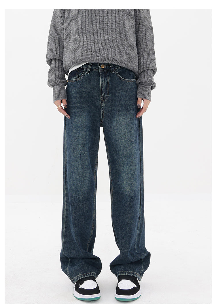 Retro Blue Jeans Women's Gradient High Waist Straight Casual Pants