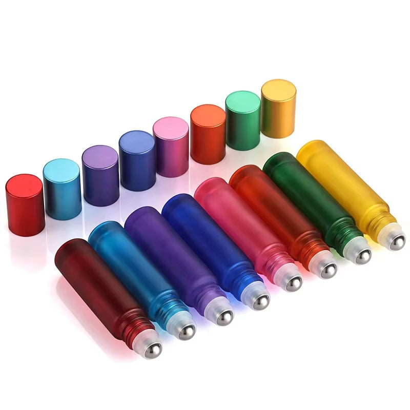 5Pcs 5/10Ml Portable Frosted Glass Essential Oil Roller Bottles Mini Refillable Roll on Vials W/ Opener Funnels for Aromatherapy