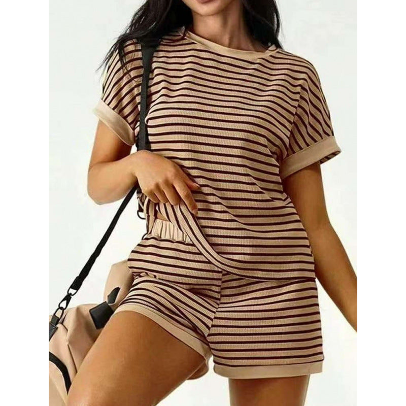 Womens Loose Casual Striped T-Shirt And Shorts Set