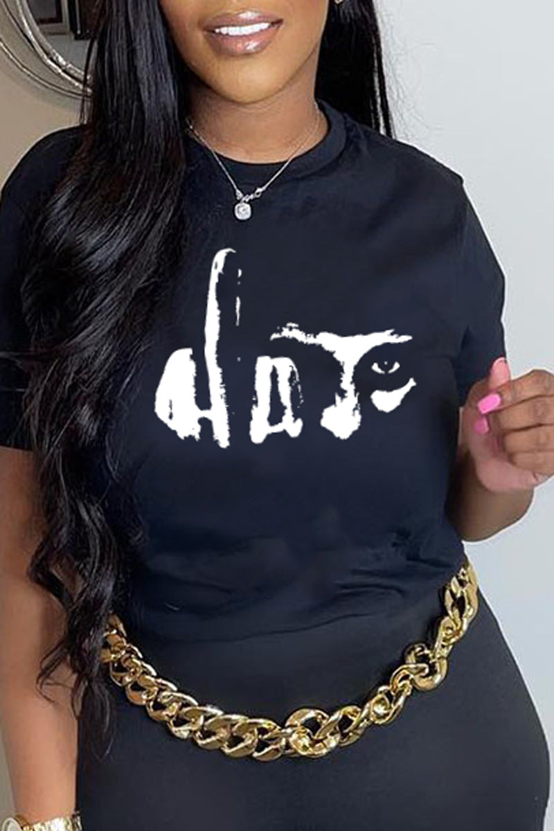 Trykte Bogstaver Dame Crew Neck T-Shirt Korte Ærmer