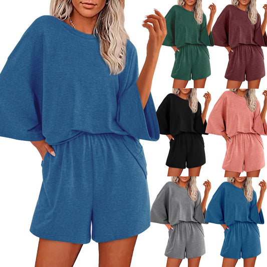Solid-color Crewneck Short-sleeve Top And Elastic-waist Shorts Two-piece Set