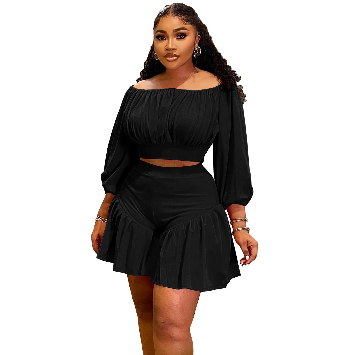 Pleated One-shoulder Puff Waist-casual Two-piece Set