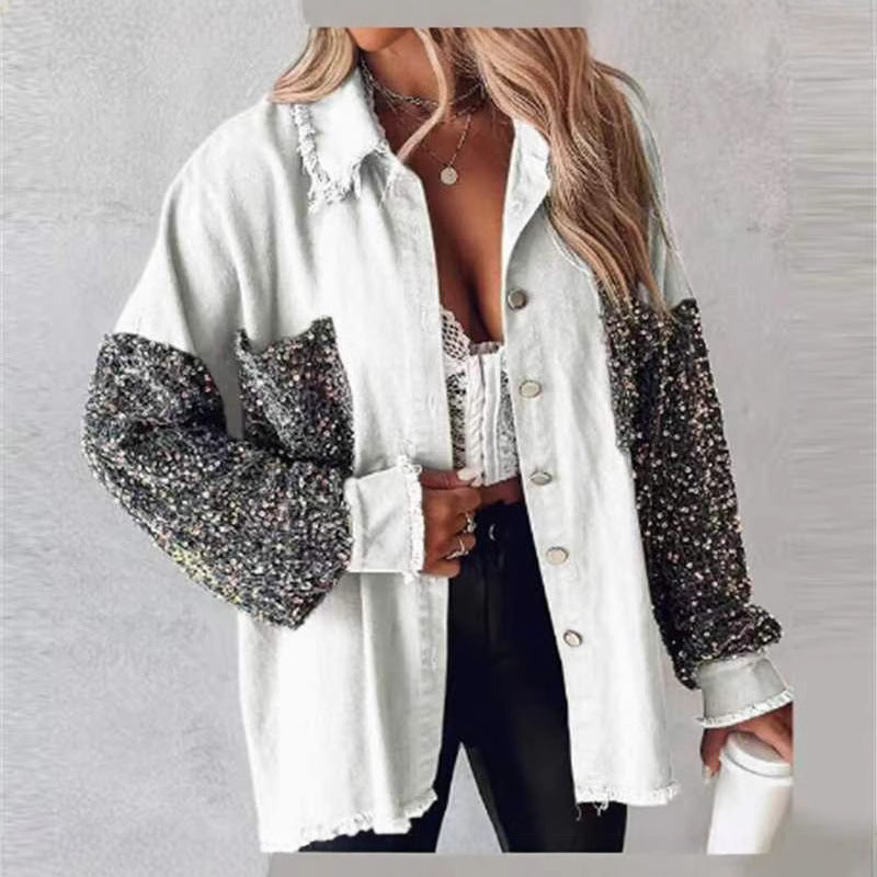 Loose Casual Sequin Denim Tassel Shirt Coat